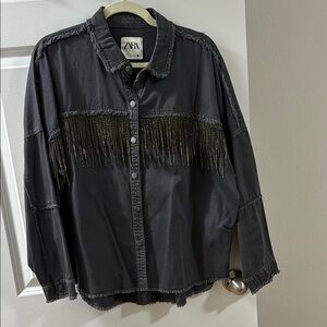 Zara Black Fringe Button-Up Shirt